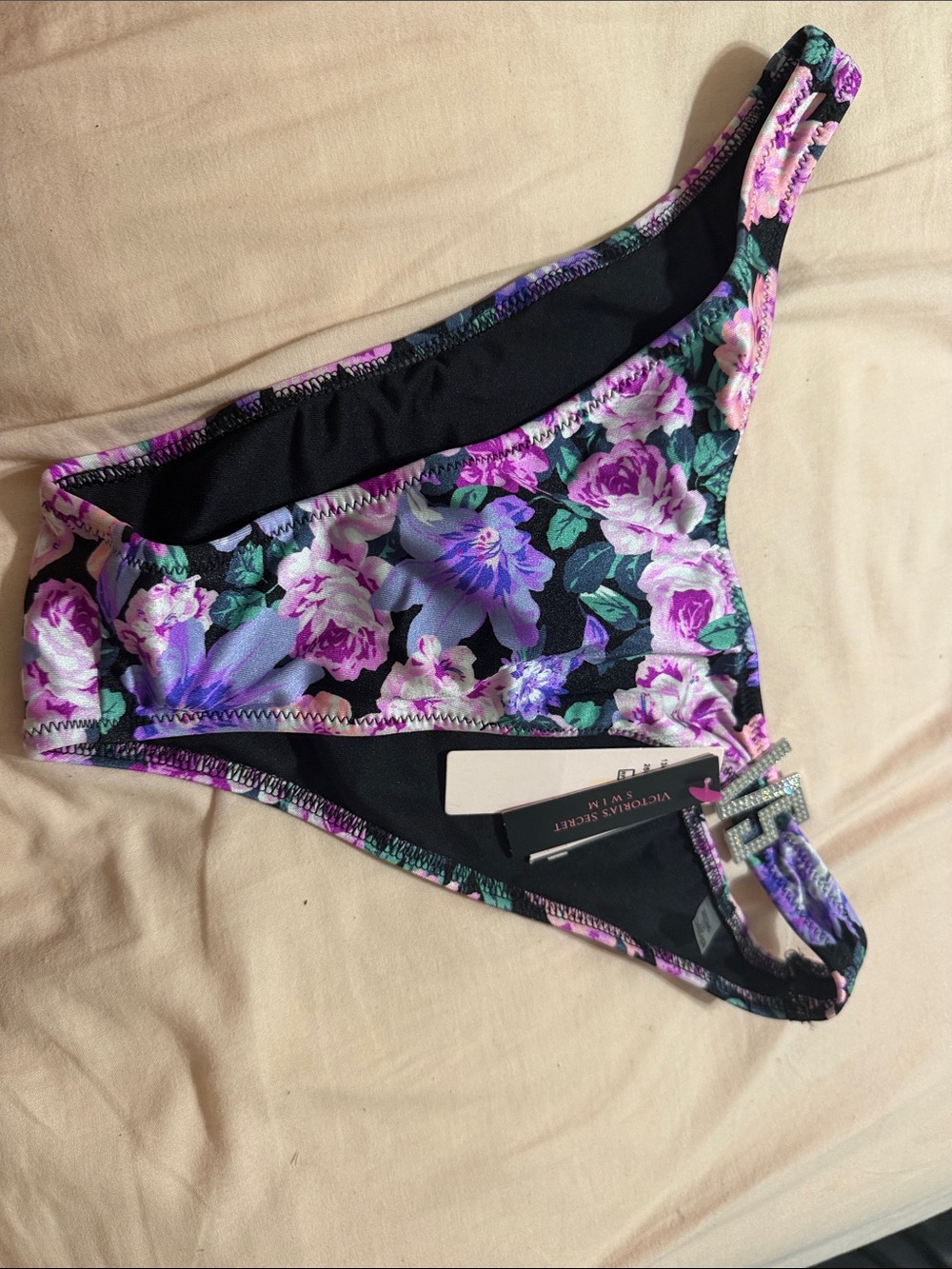 Victoria's Secret Black Floral Bikini Bottom with Purple & Pink Blooms